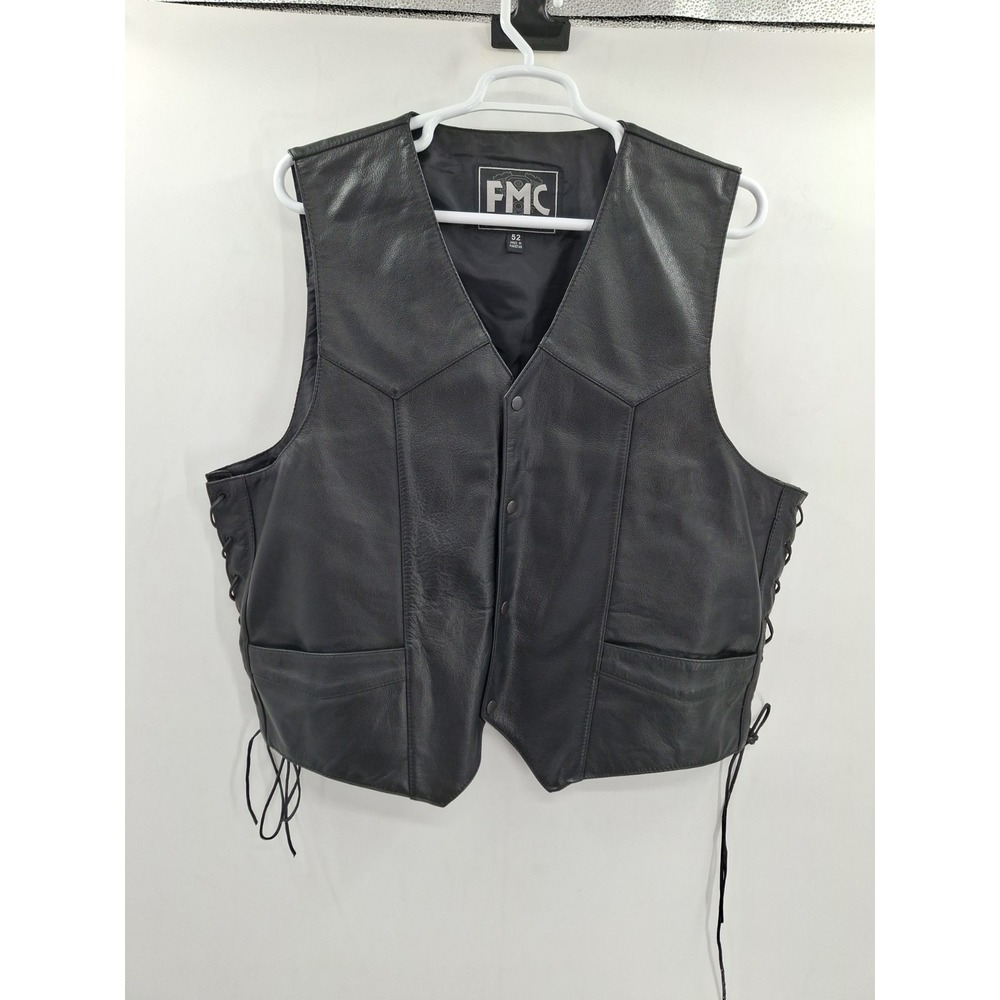 FMC Black Snap-Up Leather Biker Vest Black Size 52 Lace Up